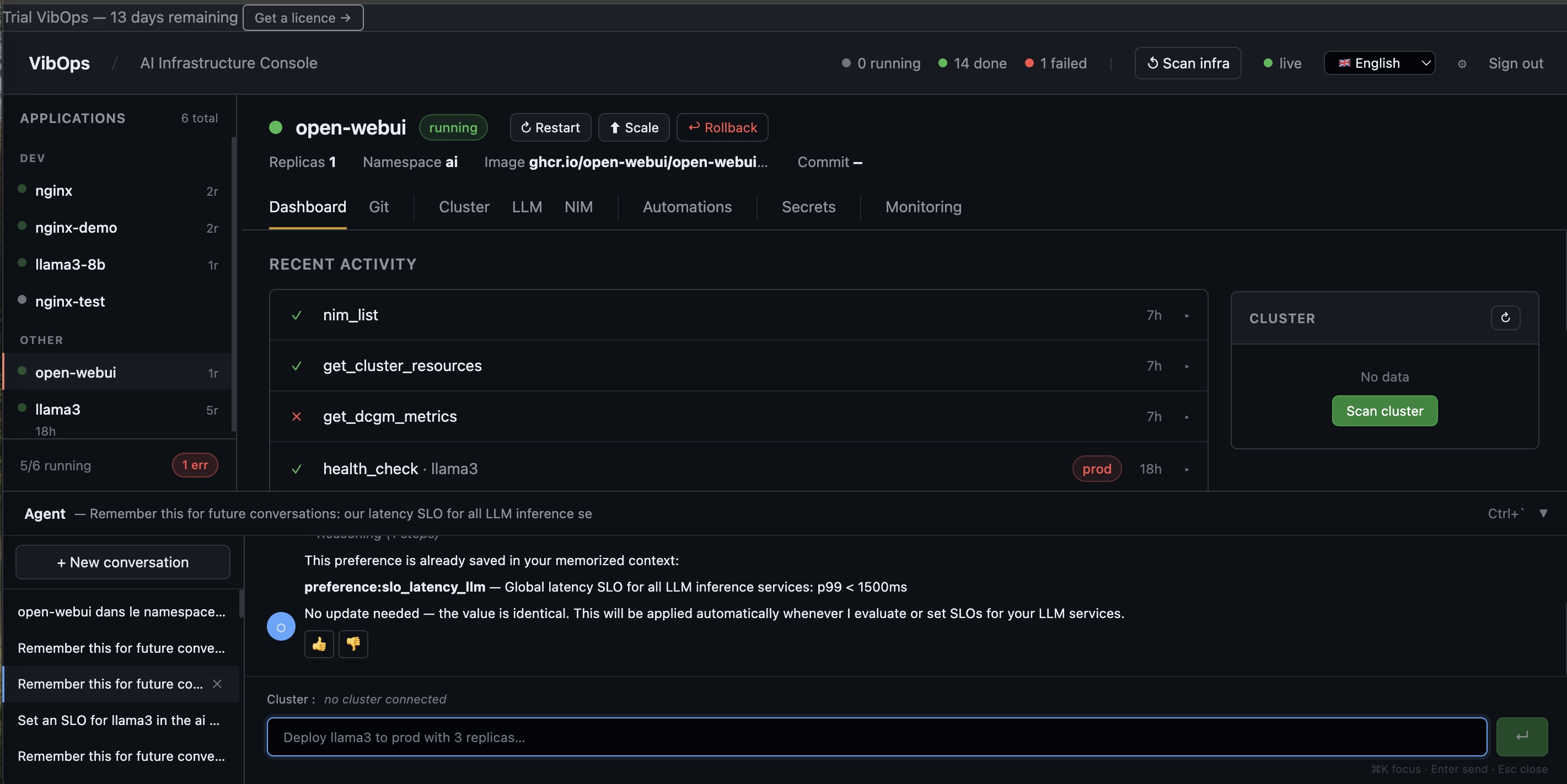 VibOps console showing GPU fleet status, agent conversation, and pipeline promotion