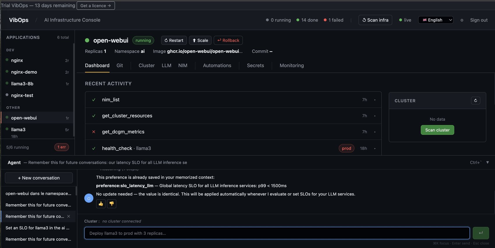 The VibOps console: GPU cluster health, cost per tenant, and the conversation thread that runs the actions.